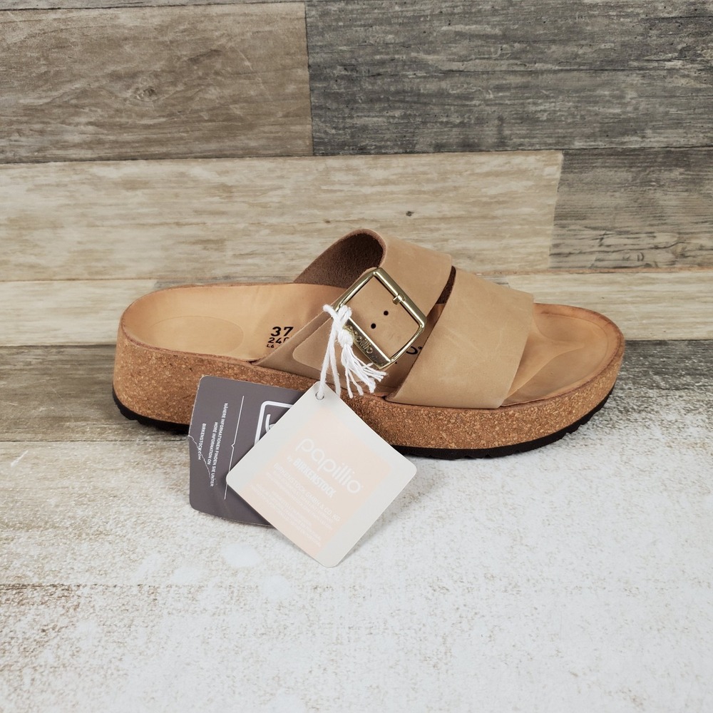 Papillio Birkenstock Almina Womens Wedge Sandals Sz 6 Narrow Sandcastle Nubuck
